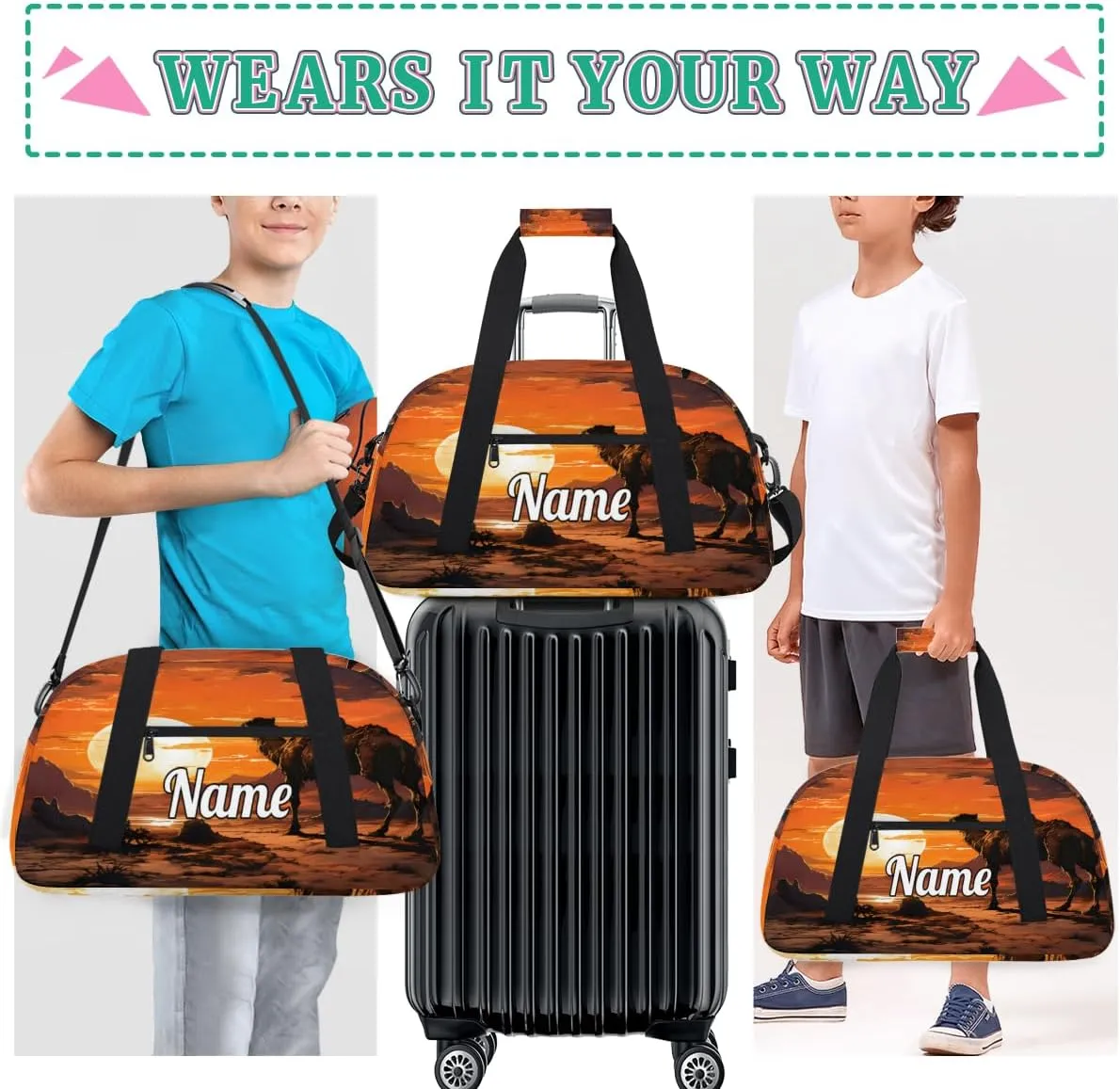 Camel Sunset Print Custom Name Sport Duffel Bag Dance Bag for Girls Teens Personalized Ballet Bag Gift for Birthday Christmas Helloween