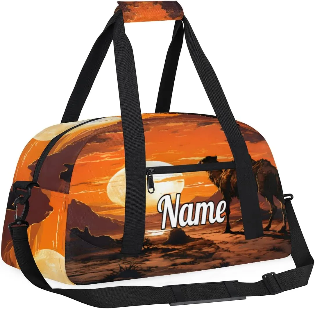 Camel Sunset Print Custom Name Sport Duffel Bag Dance Bag for Girls Teens Personalized Ballet Bag Gift for Birthday Christmas Helloween