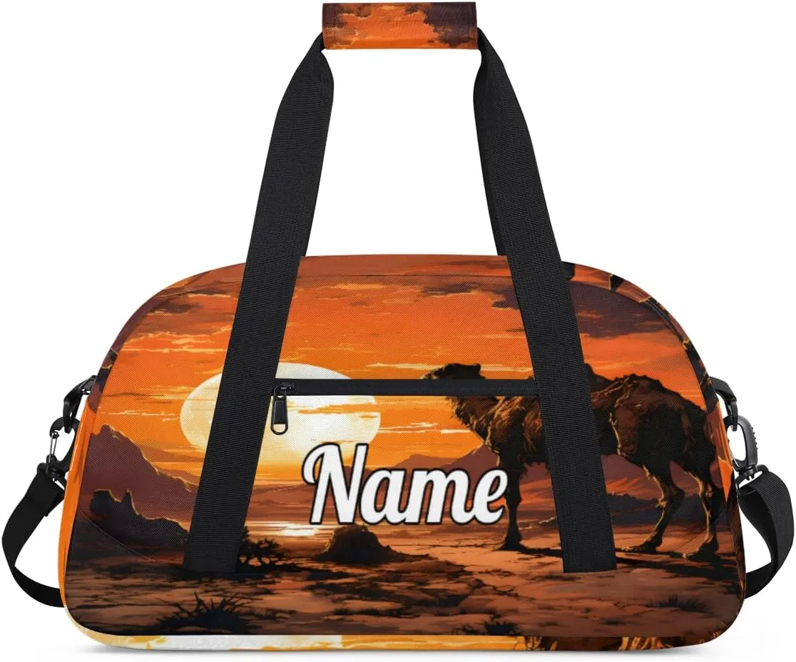 Camel Sunset Print Custom Name Sport Duffel Bag Dance Bag for Girls Teens Personalized Ballet Bag Gift for Birthday Christmas Helloween