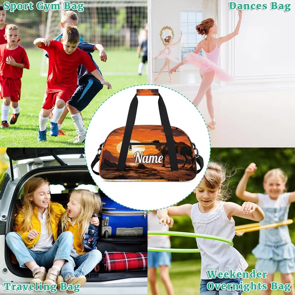 Camel Sunset Print Custom Name Sport Duffel Bag Dance Bag for Girls Teens Personalized Ballet Bag Gift for Birthday Christmas Helloween