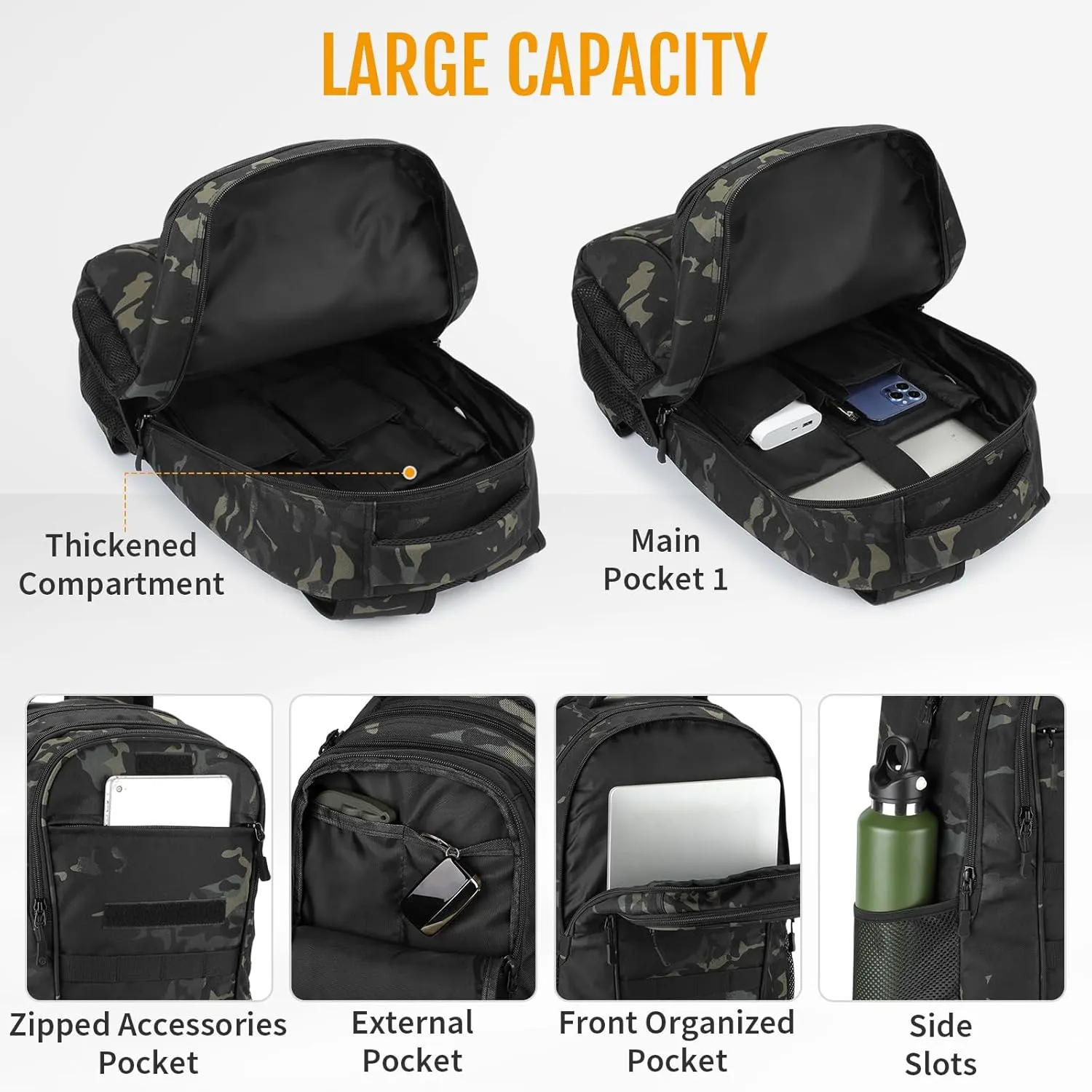 CamGo 15L Mini Backpack for Men Small Tactical Hiking Daypack Molle Gear Rucksack for Hunting Camping Bag with Patch, CP Black