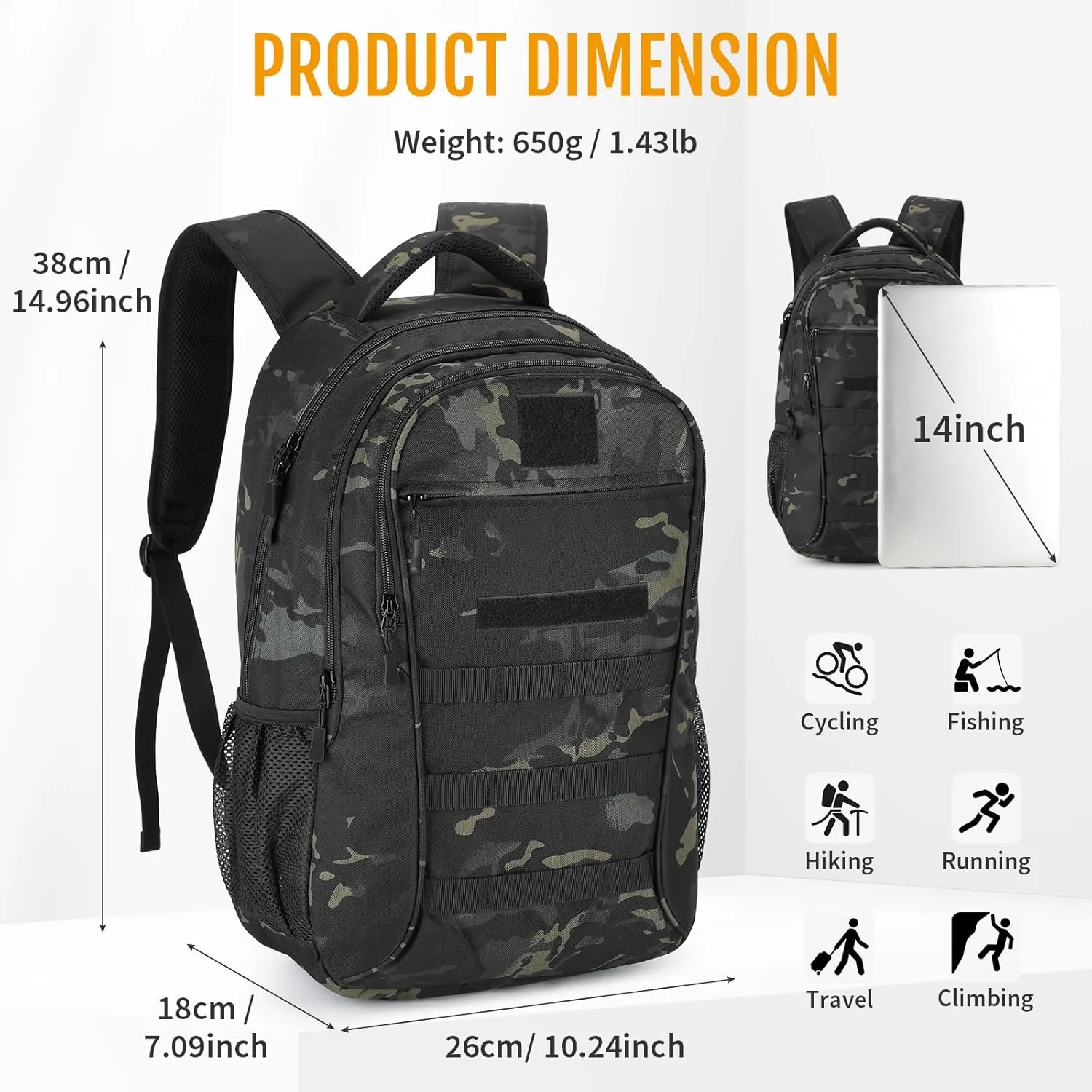 CamGo 15L Mini Backpack for Men Small Tactical Hiking Daypack Molle Gear Rucksack for Hunting Camping Bag with Patch, CP Black