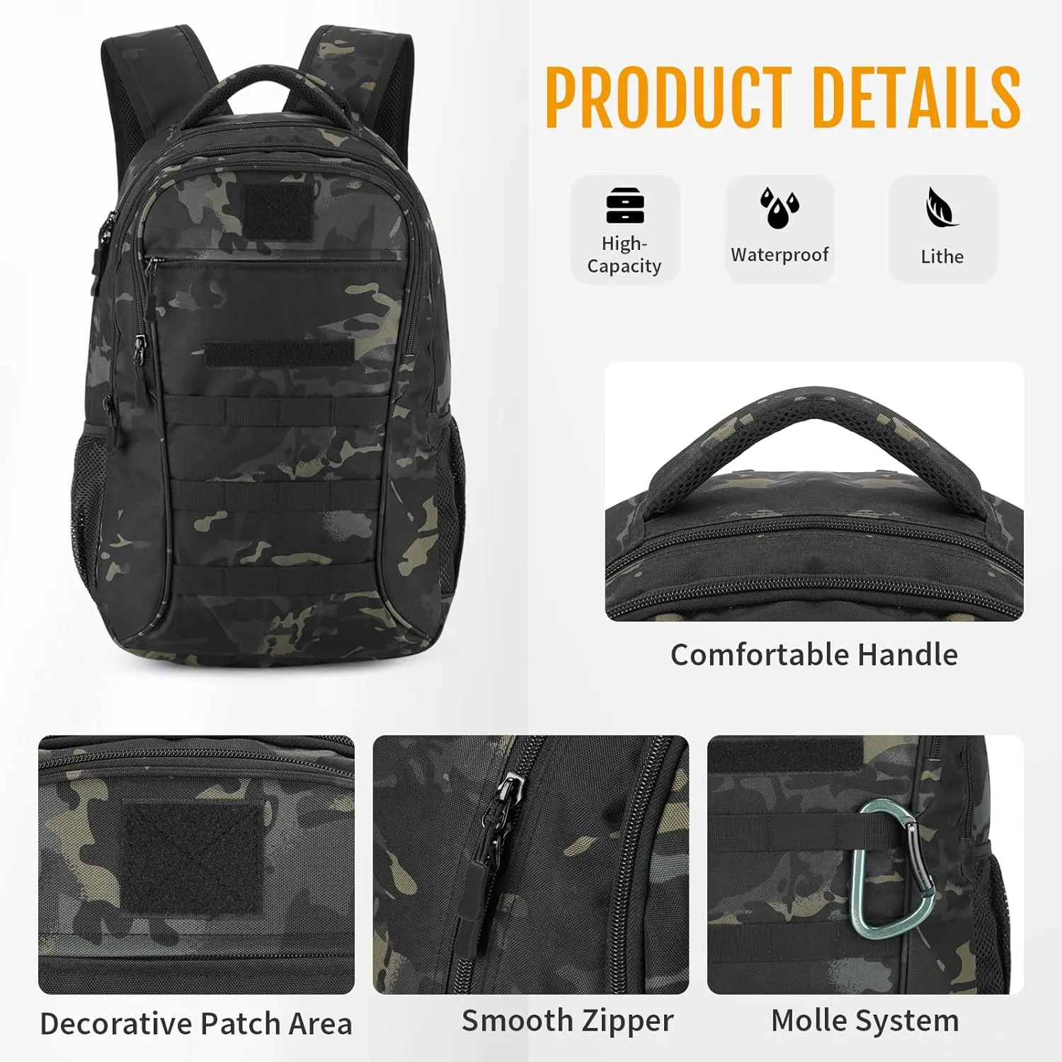 CamGo 15L Mini Backpack for Men Small Tactical Hiking Daypack Molle Gear Rucksack for Hunting Camping Bag with Patch, CP Black