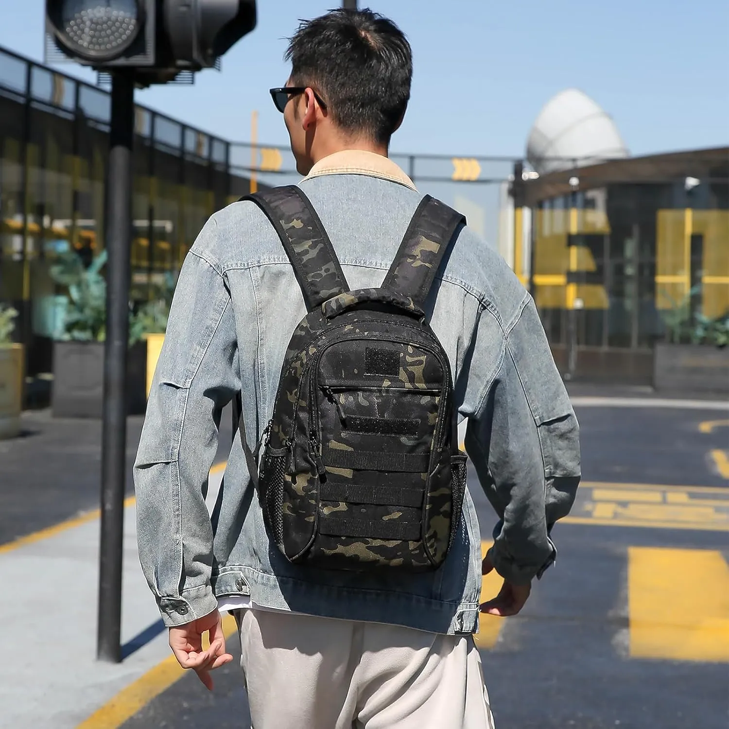 CamGo 15L Mini Backpack for Men Small Tactical Hiking Daypack Molle Gear Rucksack for Hunting Camping Bag with Patch, CP Black
