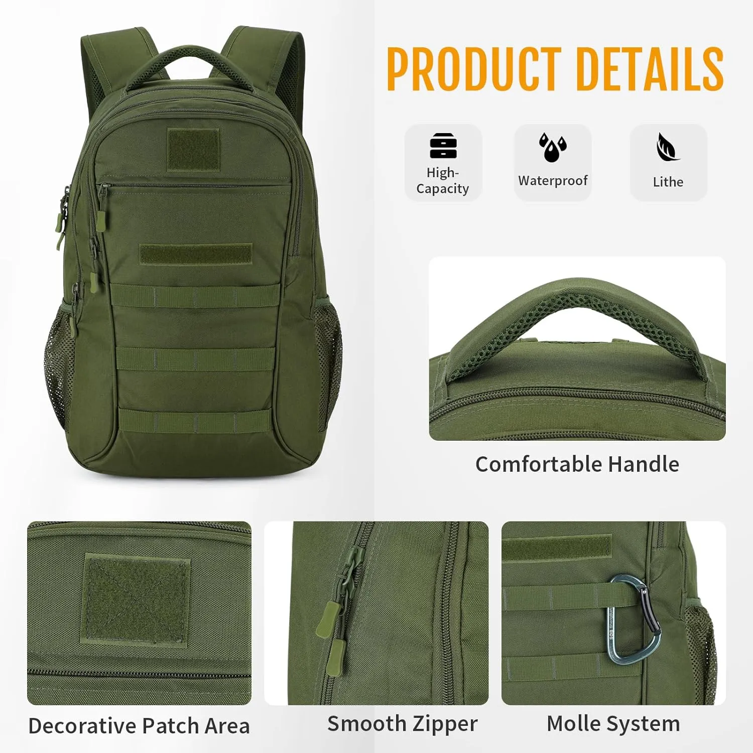 CamGo 25L Tactical Backpack for Men Women Military Hiking Daypacks Molle Travel Rucksack for Outdoor Sports Daily Work (#25L-Army Green)