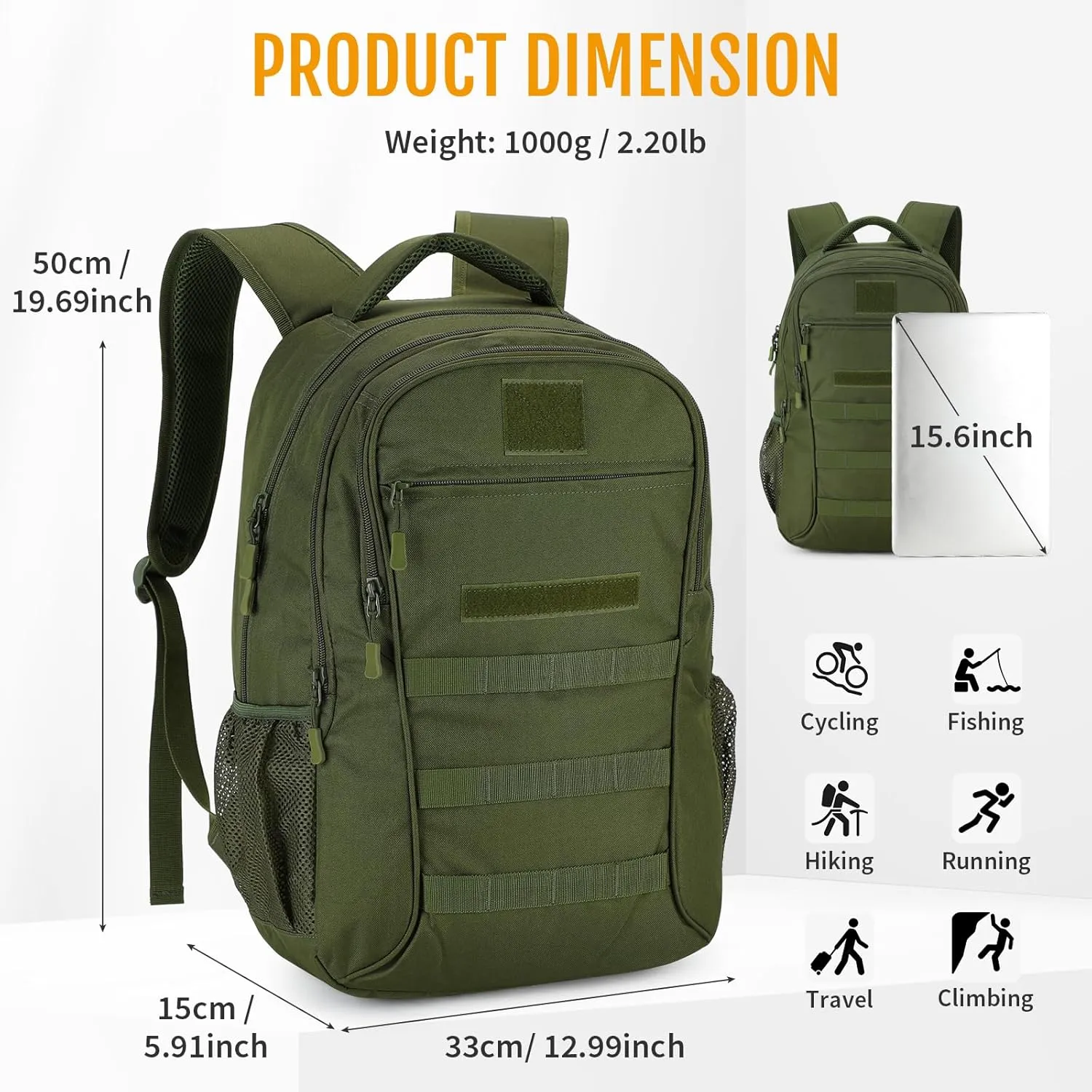 CamGo 25L Tactical Backpack for Men Women Military Hiking Daypacks Molle Travel Rucksack for Outdoor Sports Daily Work (#25L-Army Green)