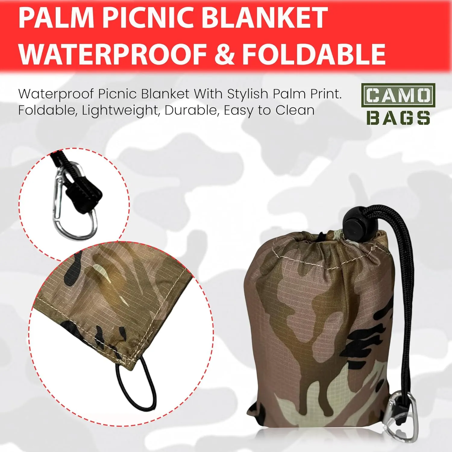 Camo Palm Picnic Blanket - Water Resistant & Foldable Ribstop Fabric Made Blanket with Compact Pocket Loops Style - Easy to Carry - Ideal for Travel, Beach, & Camping & Outdoor Use