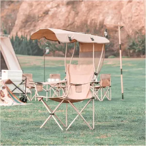 Camp Chairs with Shade Canopy Chair Folding Camping Recliner Support 220 LBS, with Two Cup Holders and Back Belt, Foldable and Easy to Carry,Beige