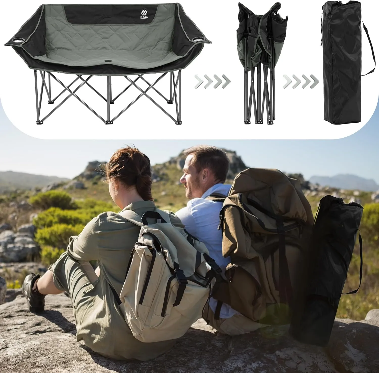 Camping Chair, Oversized Loveseat Double 2 Person Outdoor Chair with Arms, Cup Holder and Carry Bag, Heavy-Duty Collapsible Chair for Outside, Black/Gray
