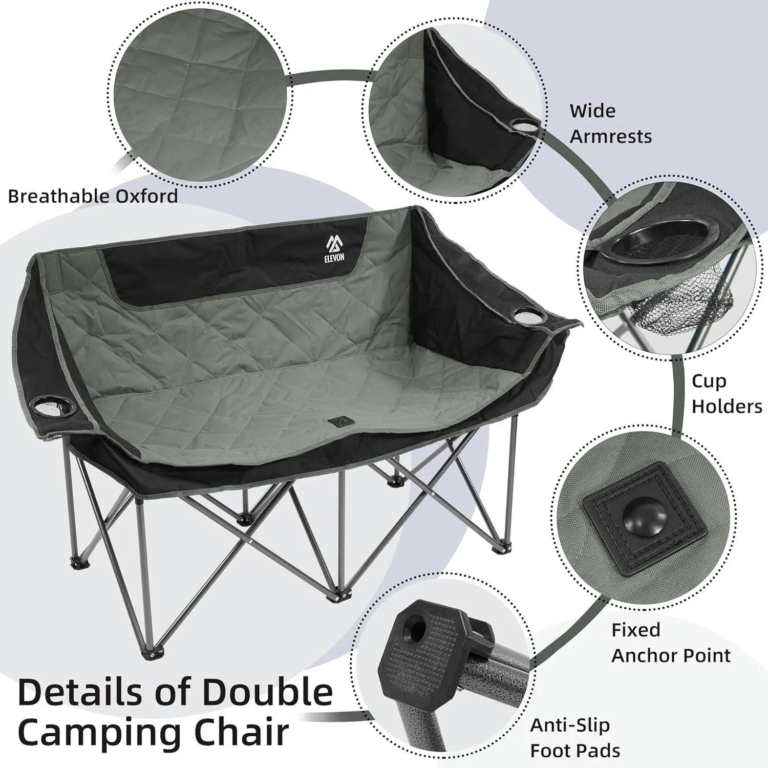 Camping Chair, Oversized Loveseat Double 2 Person Outdoor Chair with Arms, Cup Holder and Carry Bag, Heavy-Duty Collapsible Chair for Outside, Black/Gray