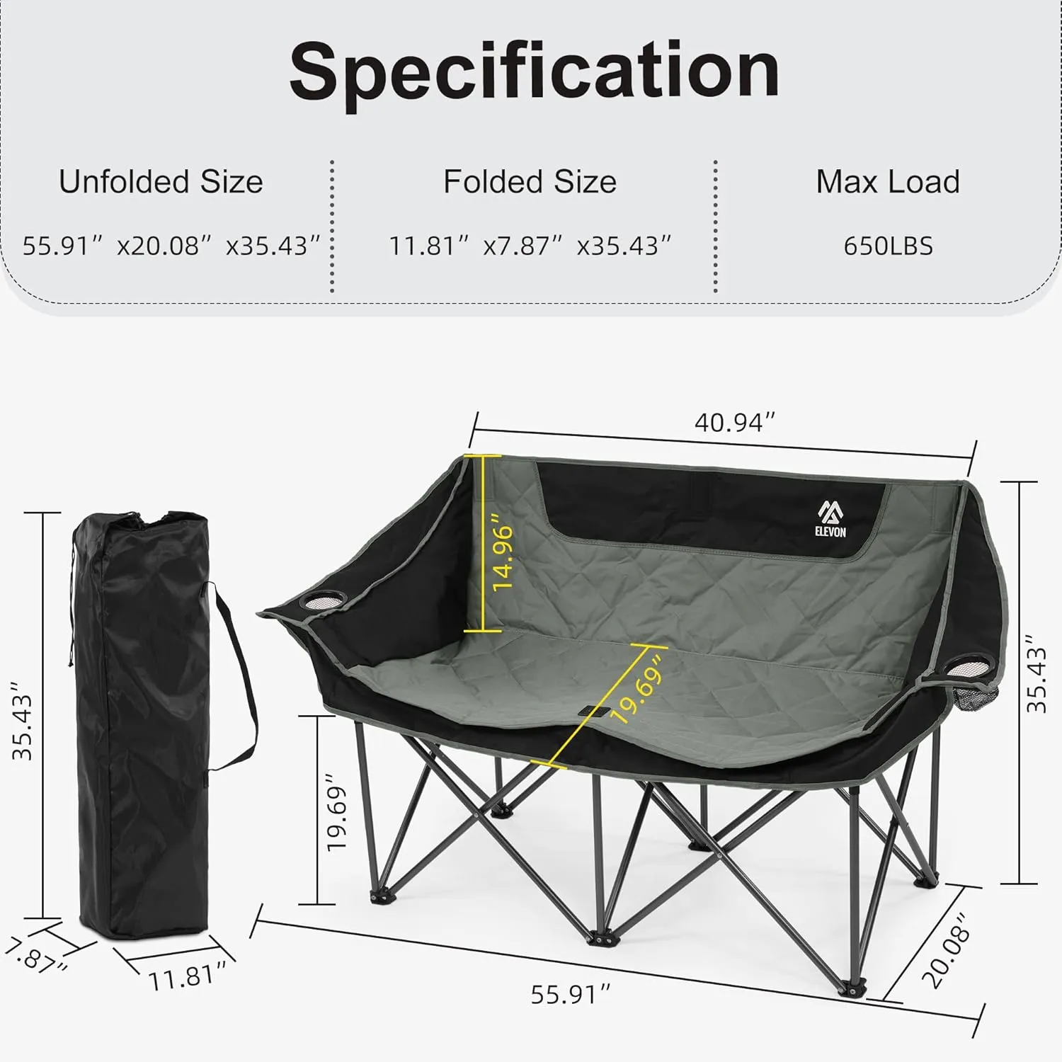 Camping Chair, Oversized Loveseat Double 2 Person Outdoor Chair with Arms, Cup Holder and Carry Bag, Heavy-Duty Collapsible Chair for Outside, Black/Gray