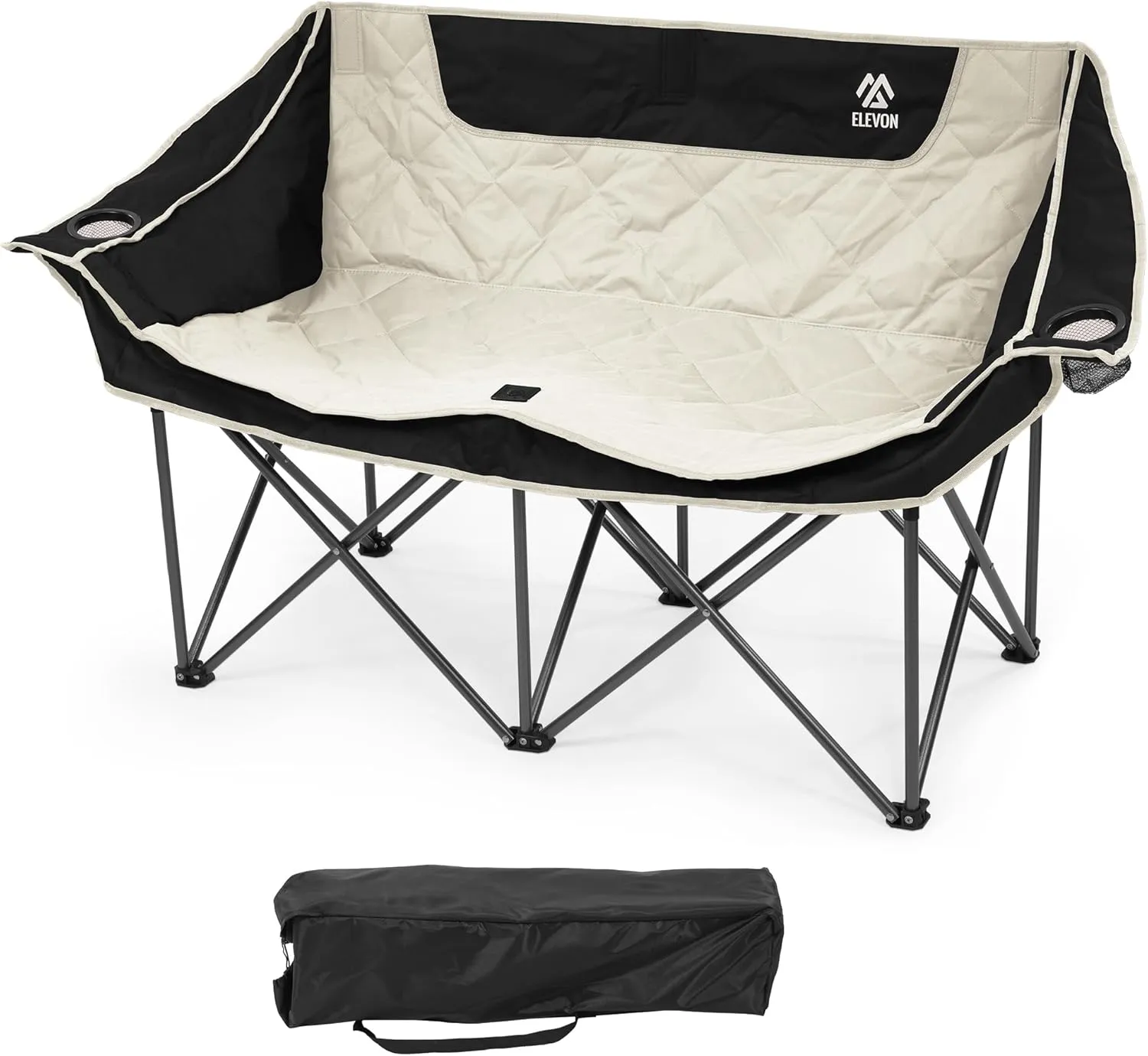 Camping Chair, Oversized Loveseat Double 2 Person Outdoor Chair with Arms, Cup Holder and Carry Bag, Heavy-Duty Collapsible Chair for Outside, Black/White