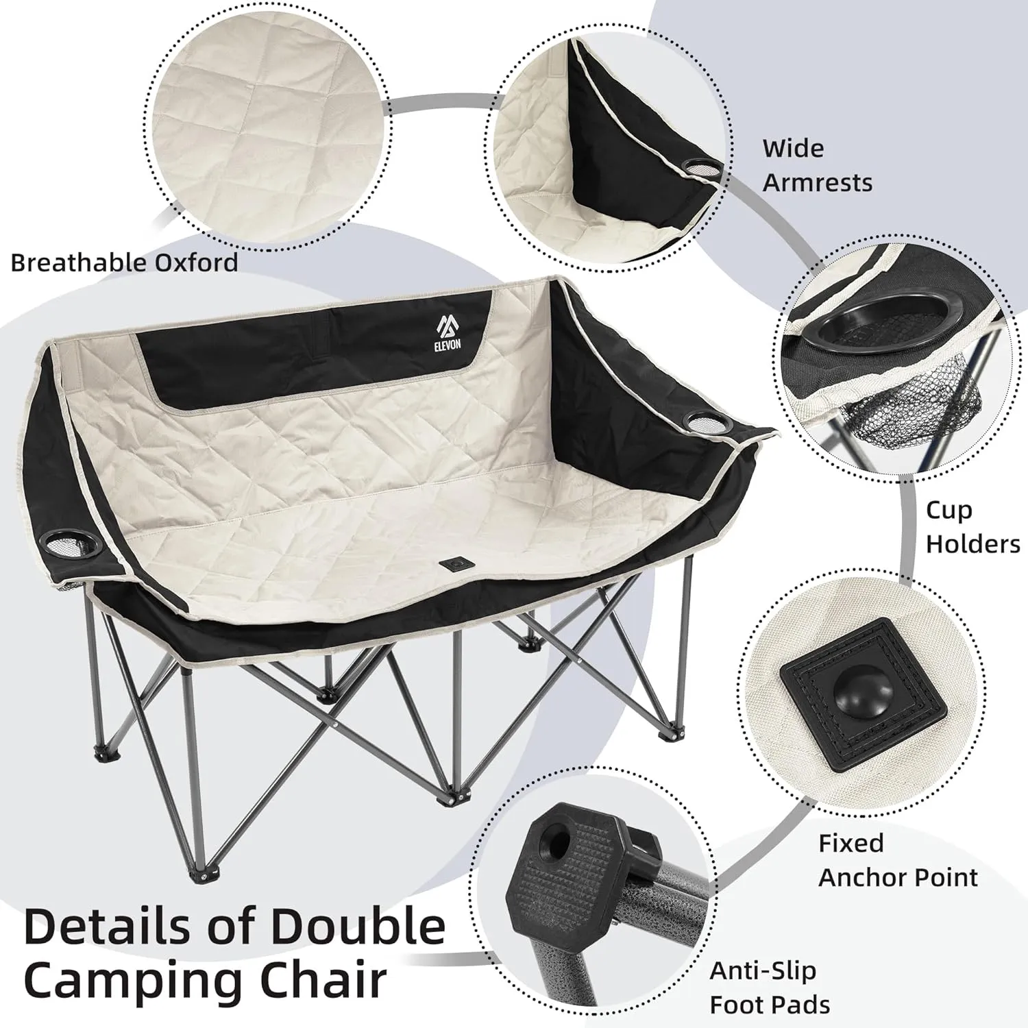 Camping Chair, Oversized Loveseat Double 2 Person Outdoor Chair with Arms, Cup Holder and Carry Bag, Heavy-Duty Collapsible Chair for Outside, Black/White