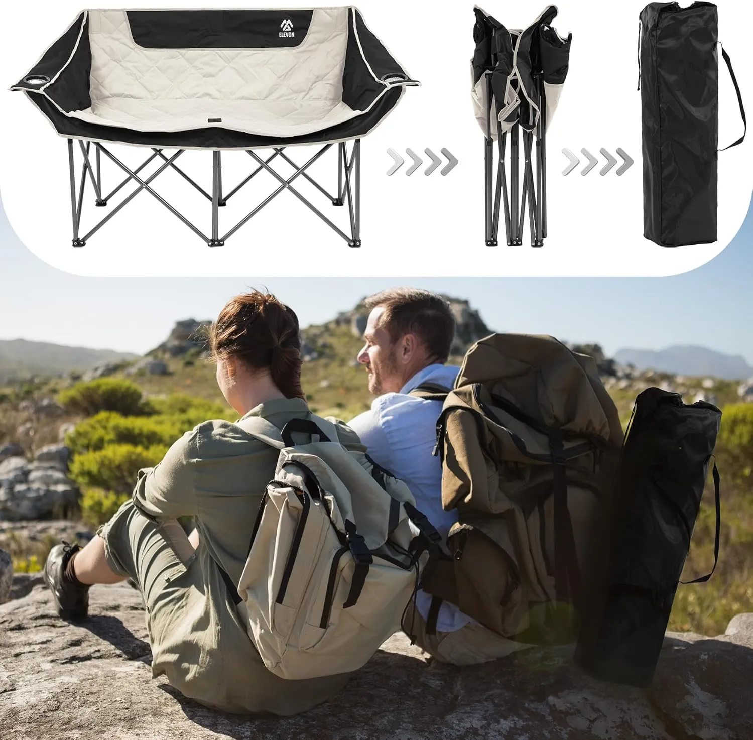 Camping Chair, Oversized Loveseat Double 2 Person Outdoor Chair with Arms, Cup Holder and Carry Bag, Heavy-Duty Collapsible Chair for Outside, Black/White