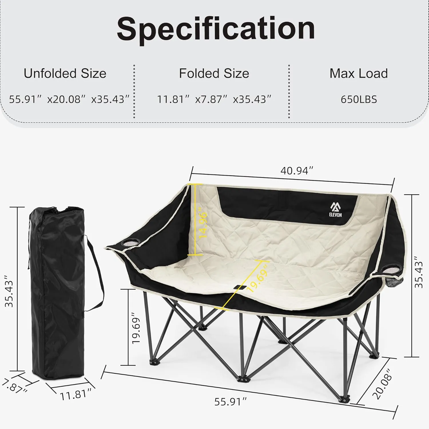 Camping Chair, Oversized Loveseat Double 2 Person Outdoor Chair with Arms, Cup Holder and Carry Bag, Heavy-Duty Collapsible Chair for Outside, Black/White