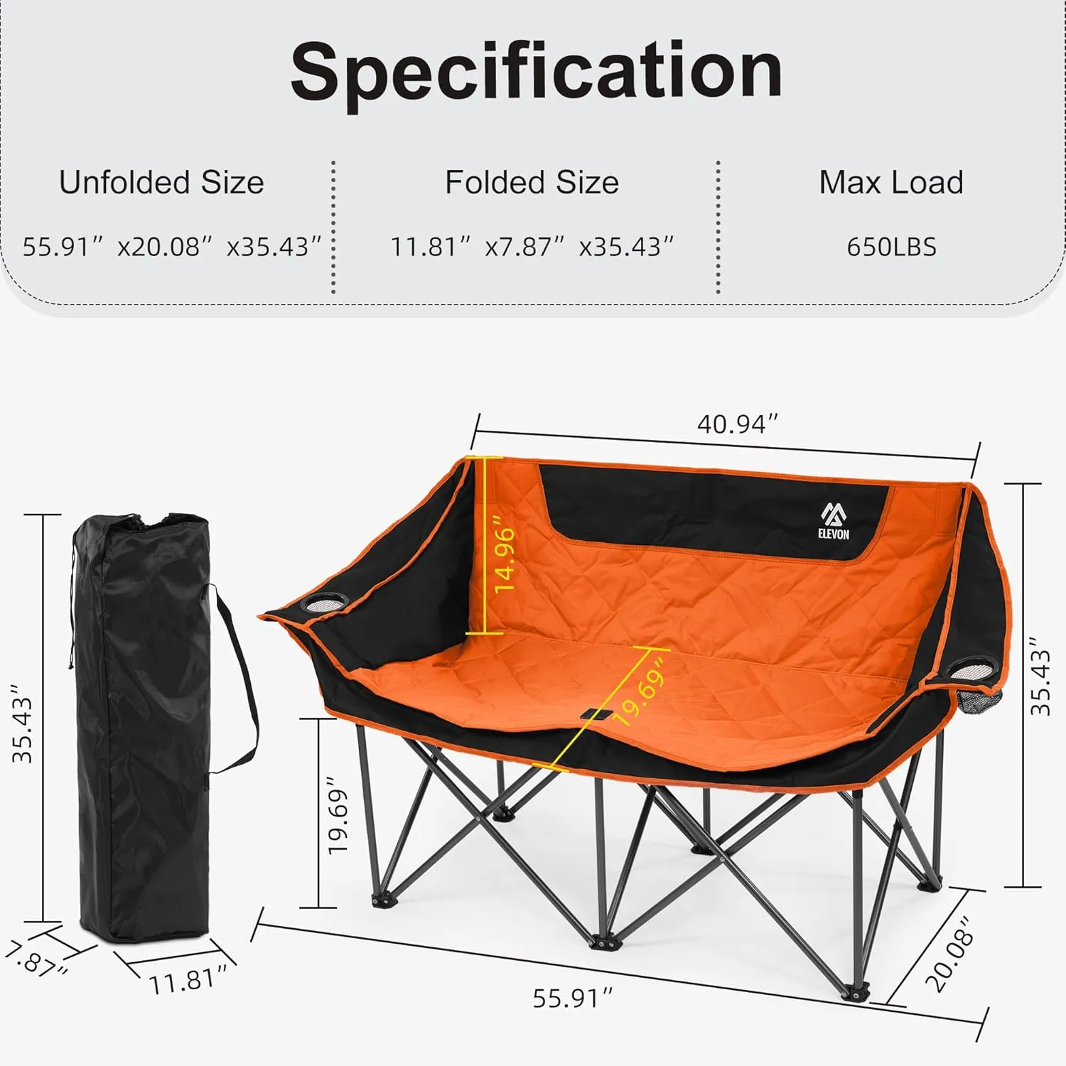 Camping Chair, Oversized Loveseat Double 2 Person Outdoor Chair with Arms, Cup Holder and Carry Bag, Heavy-Duty Collapsible Chair for Outside, Orange