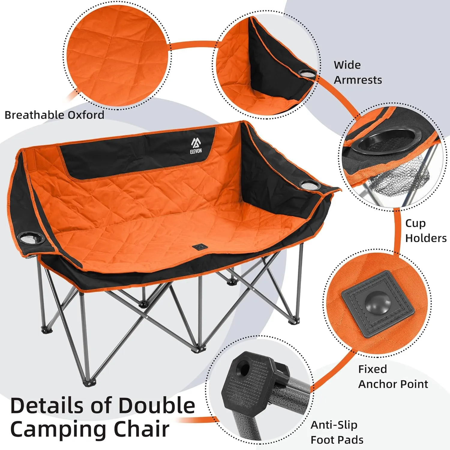 Camping Chair, Oversized Loveseat Double 2 Person Outdoor Chair with Arms, Cup Holder and Carry Bag, Heavy-Duty Collapsible Chair for Outside, Orange