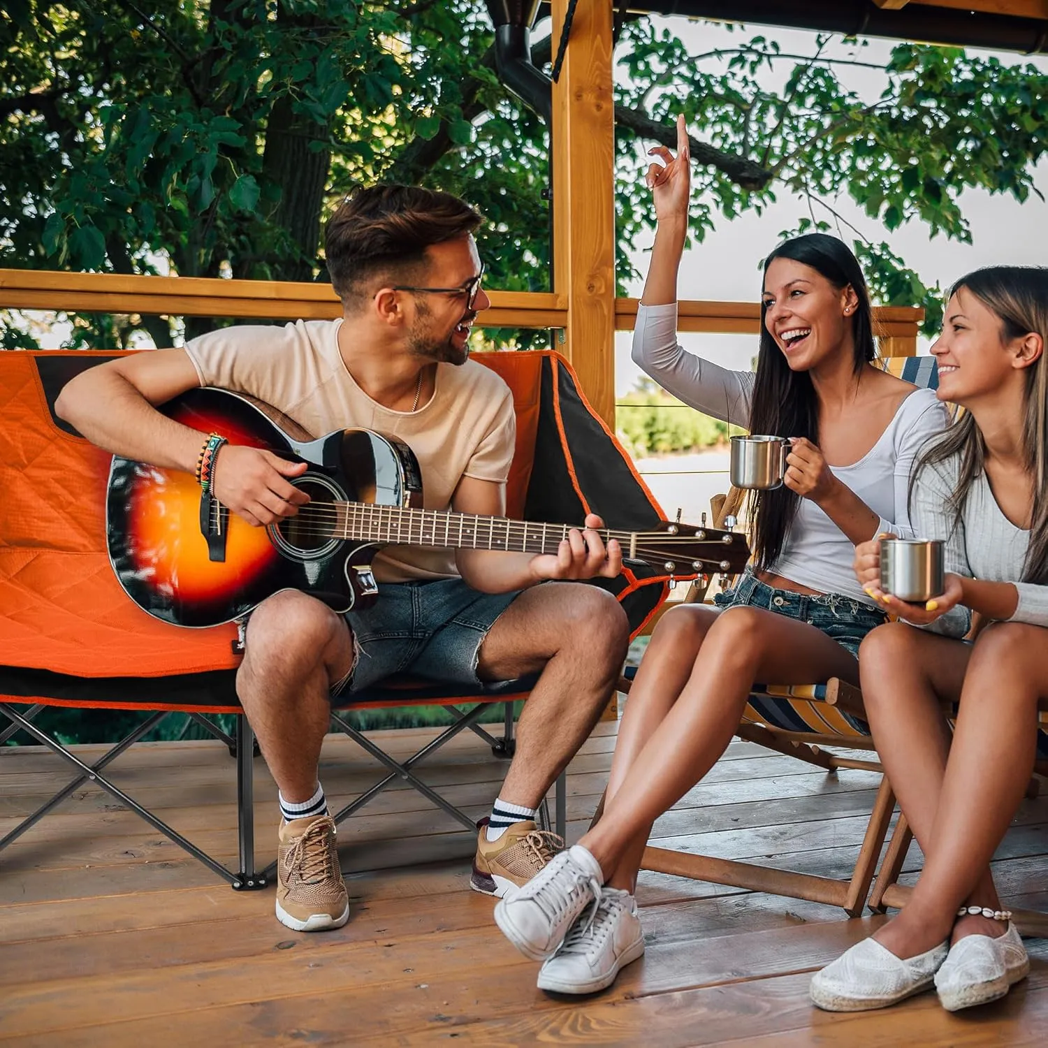 Camping Chair, Oversized Loveseat Double 2 Person Outdoor Chair with Arms, Cup Holder and Carry Bag, Heavy-Duty Collapsible Chair for Outside, Orange