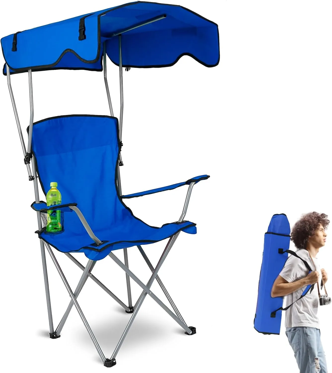 Camping Chair with Canopy, Outdoor Folding Chair with Adjustable Shade & Cup Holder, Heavy Duty Beach Chair for Adult Portable Camping Recliner Support 330 LBS