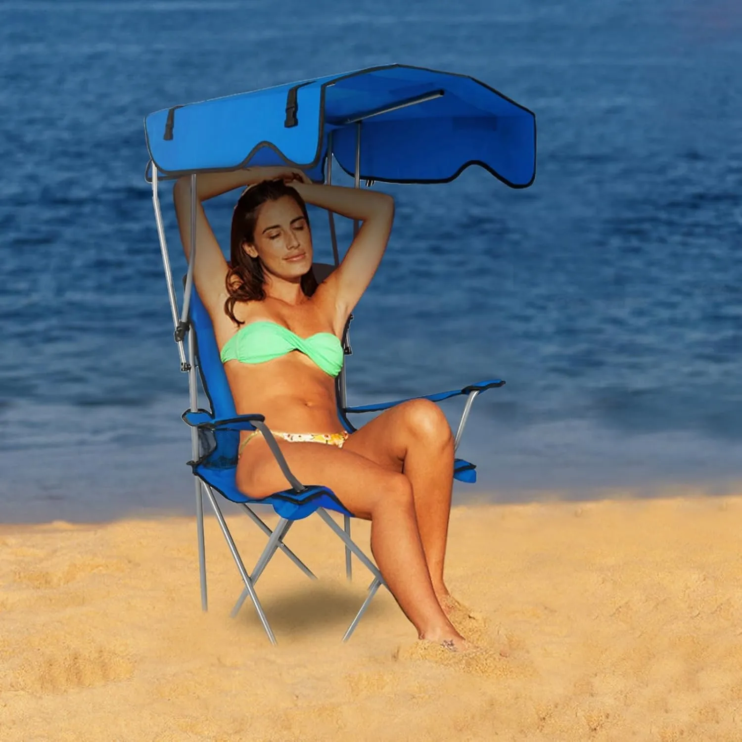 Camping Chair with Canopy, Outdoor Folding Chair with Adjustable Shade & Cup Holder, Heavy Duty Beach Chair for Adult Portable Camping Recliner Support 330 LBS