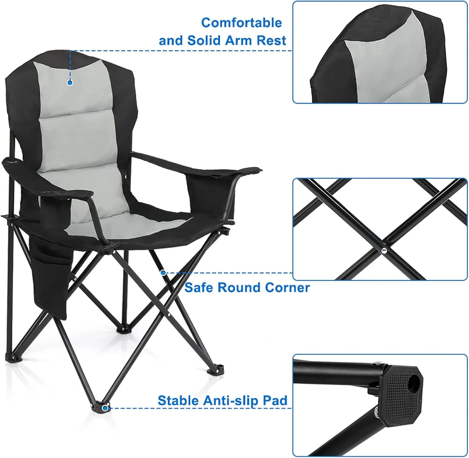 Camping Chairs for Adults,Medium Folding Fishing Chair Set of 2,Directors Chair with Cup Holder,Side Pocket and Cooler Bag,Collapsible Chair for Outdoor Camp Hiking Beach Travel,Black Gray 2 Pcs