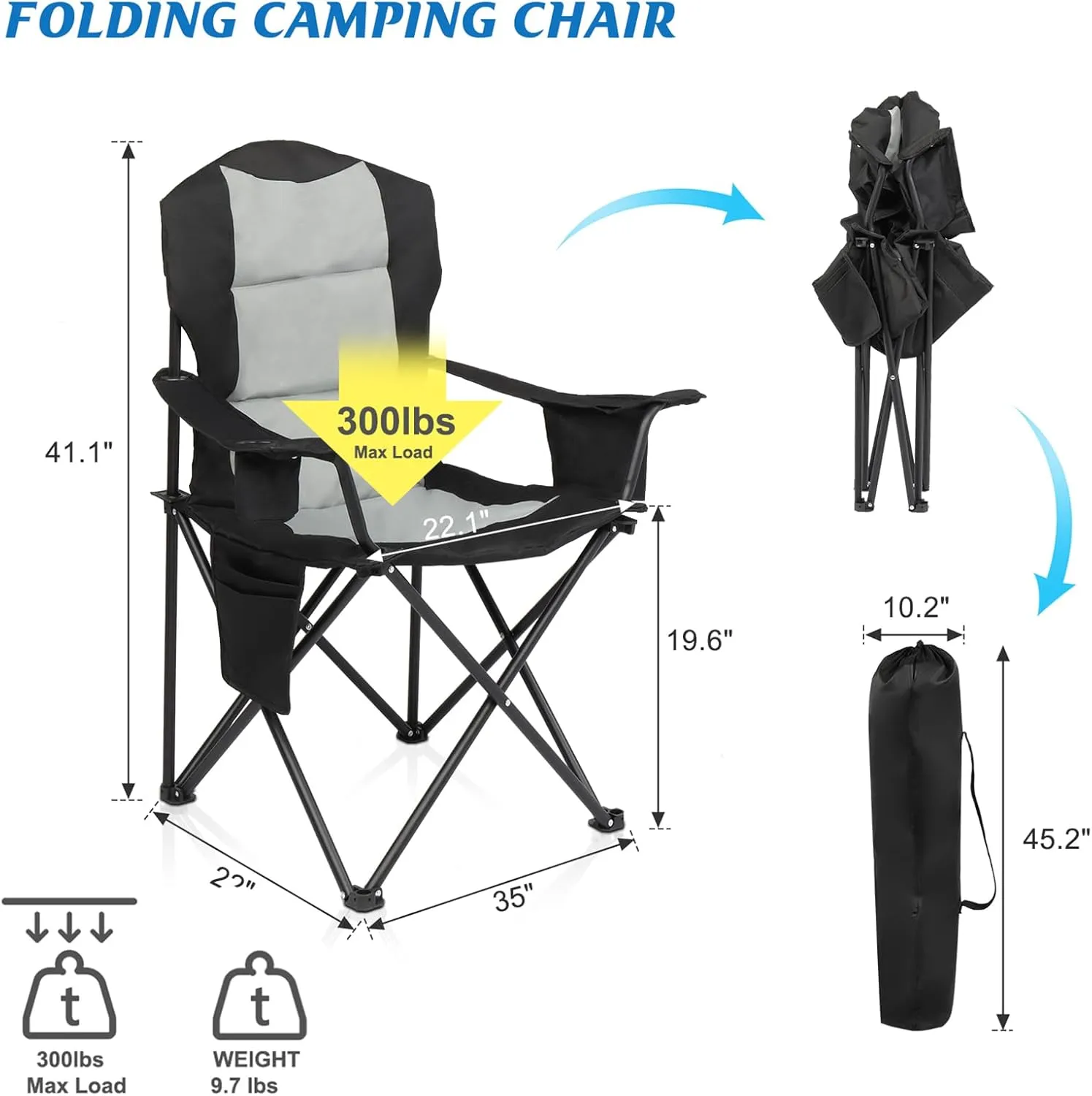 Camping Chairs for Adults,Medium Folding Fishing Chair Set of 2,Directors Chair with Cup Holder,Side Pocket and Cooler Bag,Collapsible Chair for Outdoor Camp Hiking Beach Travel,Black Gray 2 Pcs