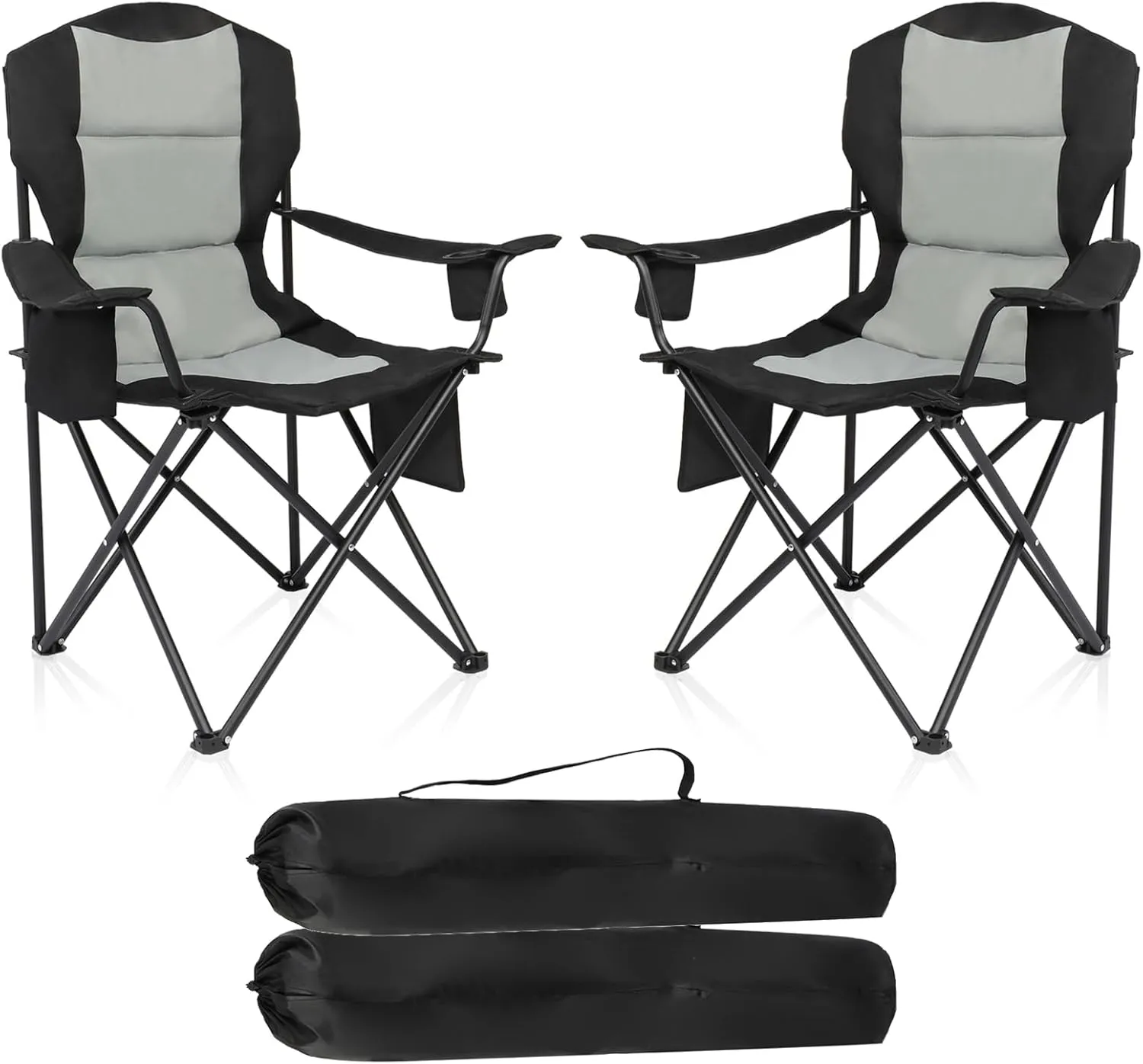 Camping Chairs for Adults,Medium Folding Fishing Chair Set of 2,Directors Chair with Cup Holder,Side Pocket and Cooler Bag,Collapsible Chair for Outdoor Camp Hiking Beach Travel,Black Gray 2 Pcs