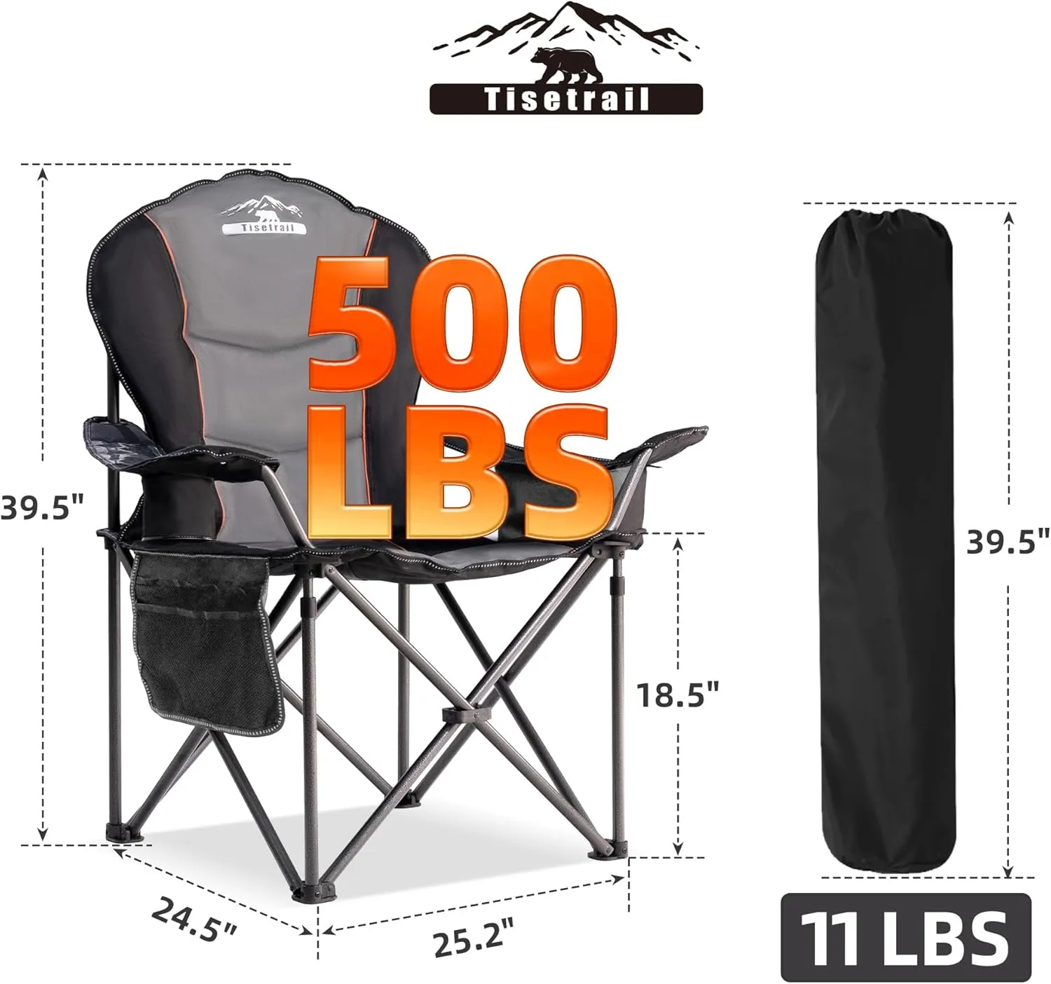 Camping Chairs, Oversized Padded Folding Camping Chair with Lumbar Back, Heavy Duty 500 lb Support Collapsible Chair with Cooler Bag Cup Holder for Outdoor Garden Beach Fishing, 2 Pack, BLK