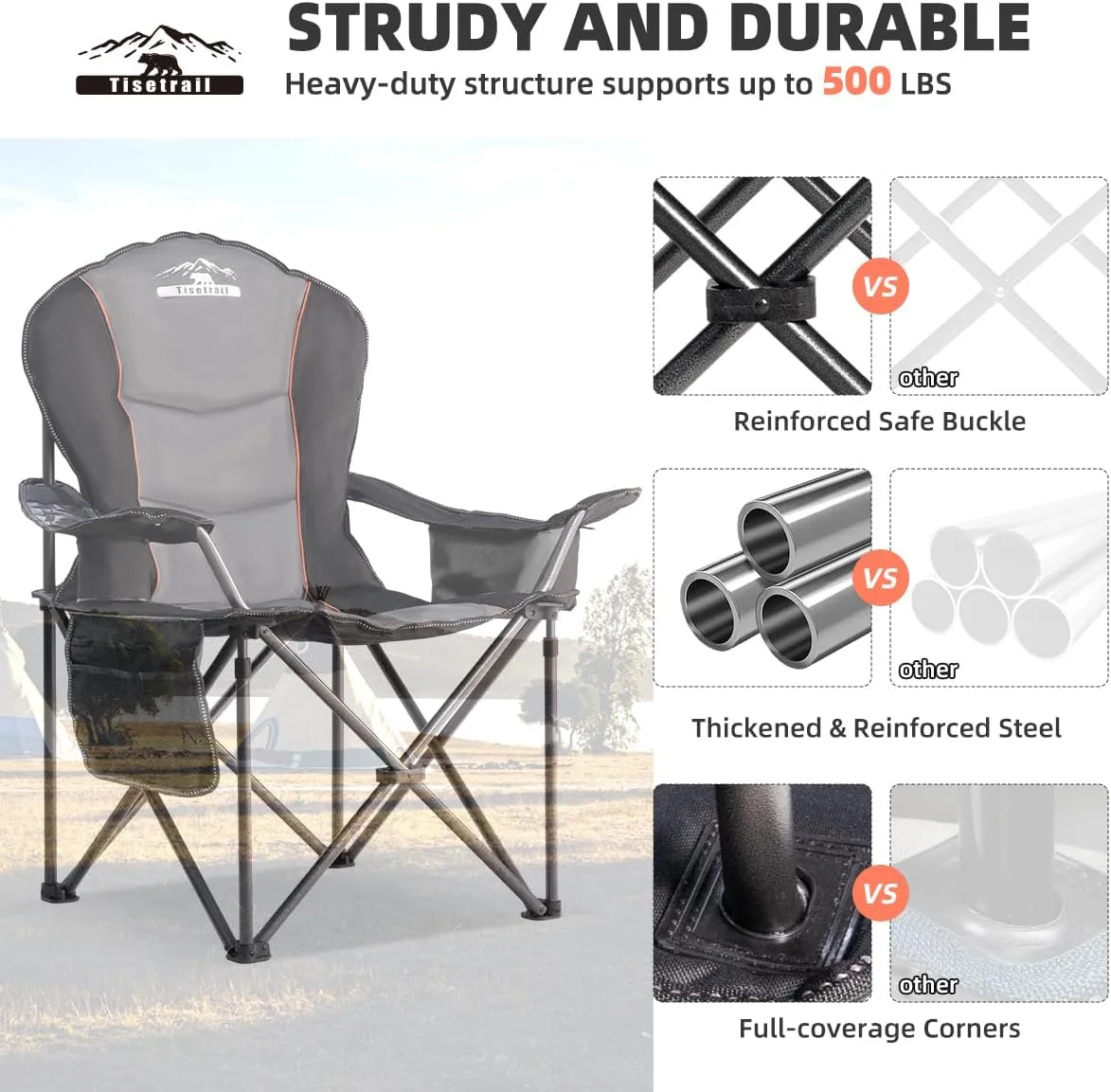 Camping Chairs, Oversized Padded Folding Camping Chair with Lumbar Back, Heavy Duty 500 lb Support Collapsible Chair with Cooler Bag Cup Holder for Outdoor Garden Beach Fishing, 2 Pack, BLK