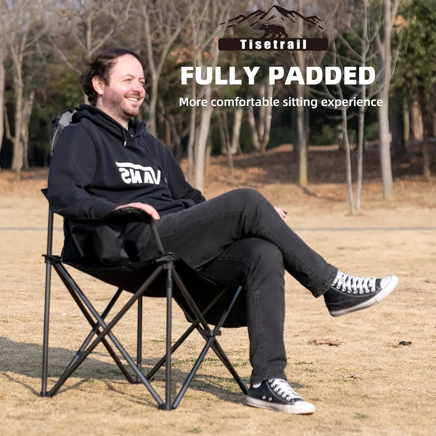 Camping Chairs, Oversized Padded Folding Camping Chair with Lumbar Back, Heavy Duty 500 lb Support Collapsible Chair with Cooler Bag Cup Holder for Outdoor Garden Beach Fishing, 2 Pack, BLK