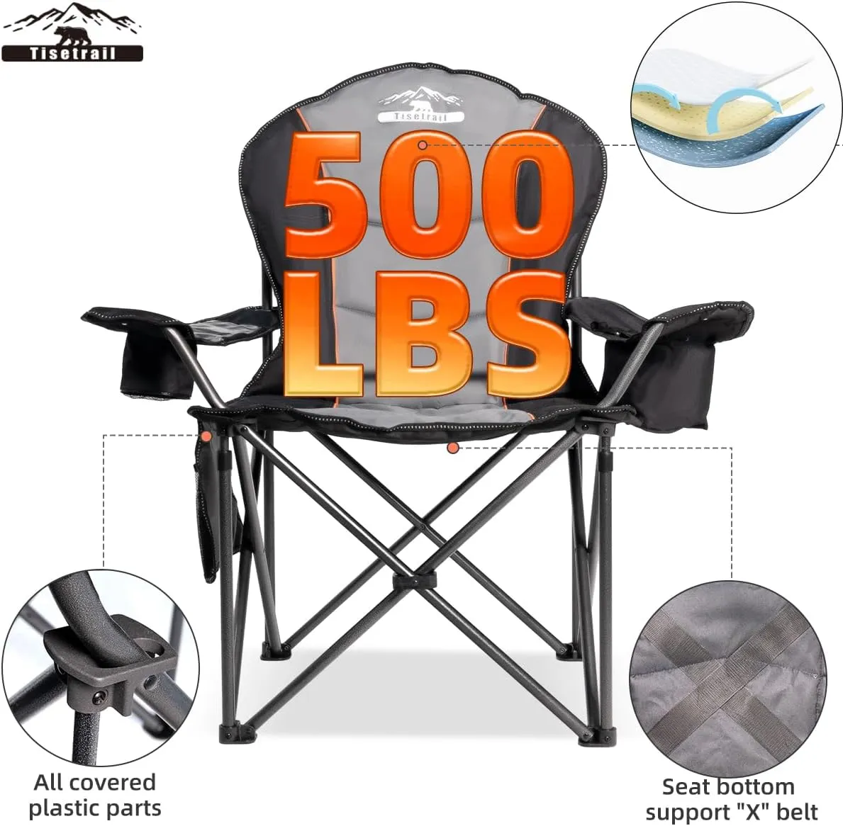 Camping Chairs, Oversized Padded Folding Camping Chair with Lumbar Back, Heavy Duty 500 lb Support Collapsible Chair with Cooler Bag Cup Holder for Outdoor Garden Beach Fishing, 2 Pack, BLK