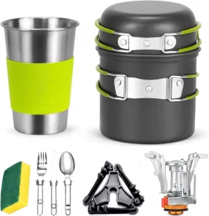 Camping Cookware Backpacking Stove Canister Stand Tripod and Stainless Steel Camping Cup,Fork Spoon Kit for Hiking and Picnic,Camping Cooking,Backpacking Gear,Mess kit