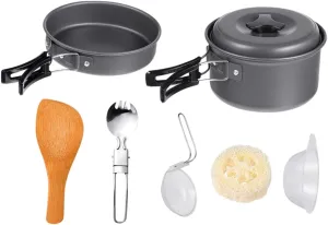 Camping Cookware Kit 7pc Outdoor Pot Pan Set Compact Portable Cooking Supplies for Hiking BBQ