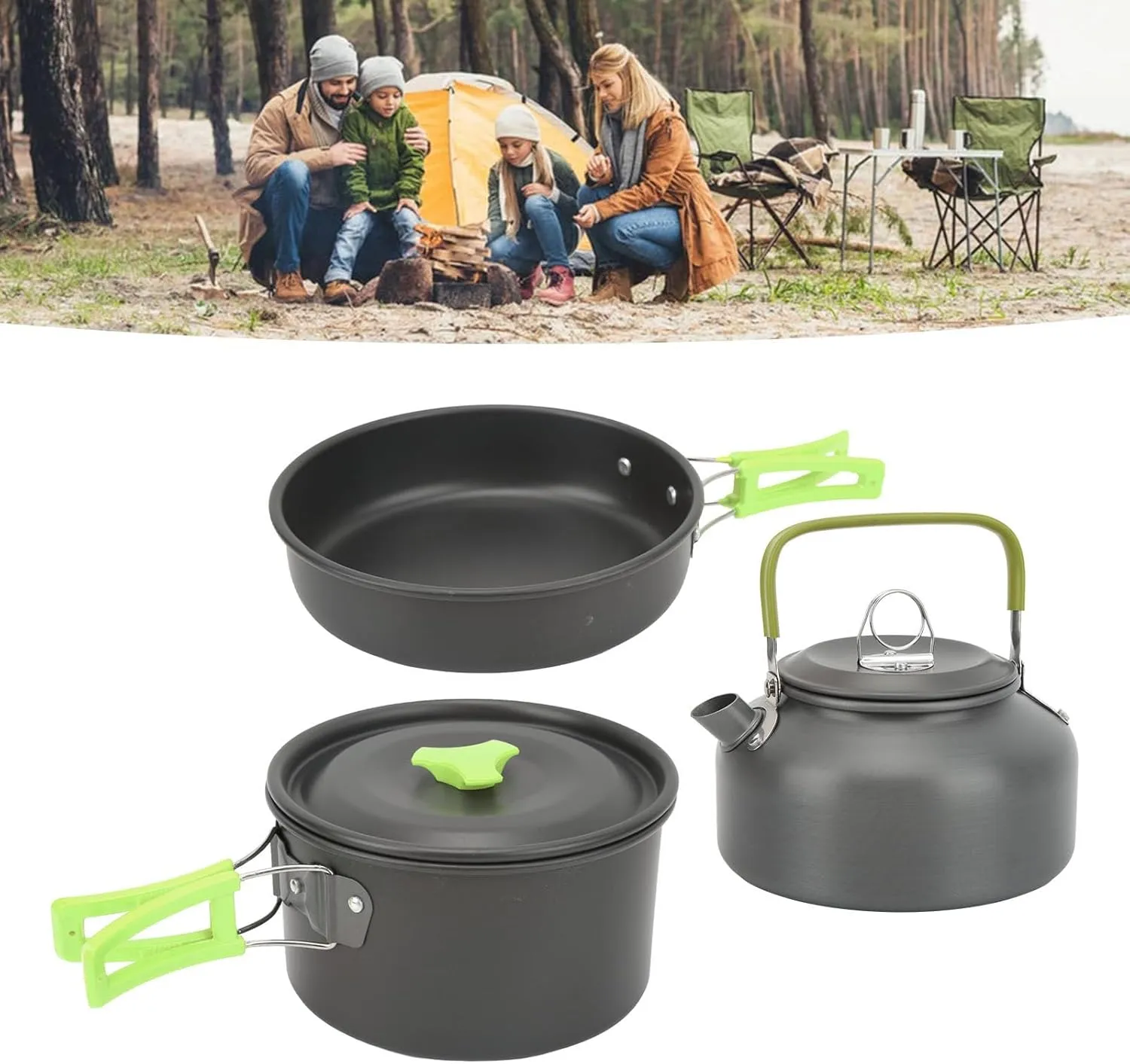 Camping Cookware Mess Kit Camping Set Pot Teapot Color Plate Set Portable Kettle Cooking Utensils for Backpacking Pot Pan Teapot Folding Fork Knife Spoon Kit
