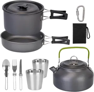 Camping Cookware Set, 12Pcs Lightweight Portable Pot Pan Kettle Mess Kit with Cup Fork Spoon Knife, Camping Stove Aluminum Pot Pans Kit for Hiking Picnic Outdoor