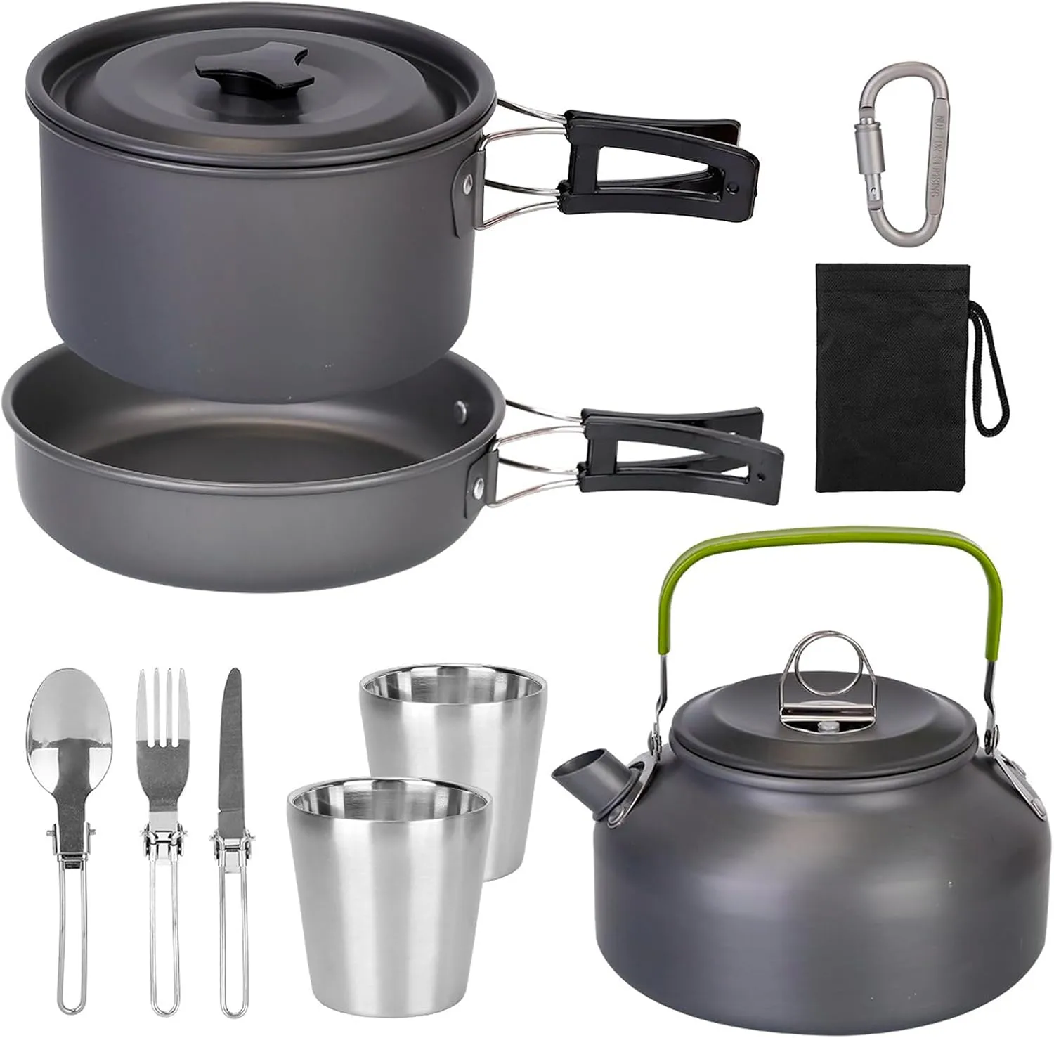 Camping Cookware Set, 12Pcs Lightweight Portable Pot Pan Kettle Mess Kit with Cup Fork Spoon Knife, Camping Stove Aluminum Pot Pans Kit for Hiking Picnic Outdoor