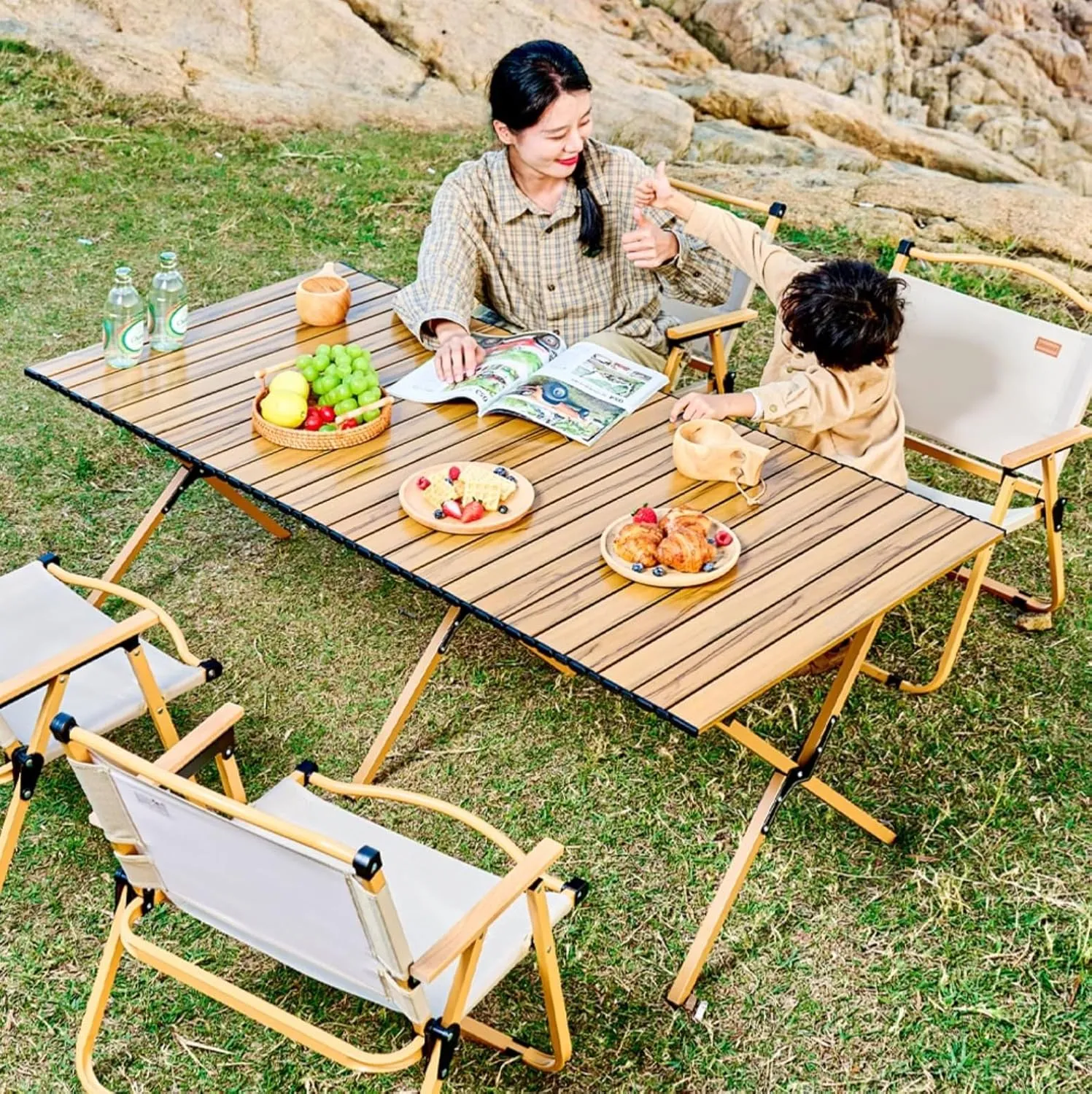 Camping Folding Chair and Table Set,Portable Picnic Table with Seats,for Outdoor Travel, Grill Beaches Party, Backyard BBQ 150 * 60 * 56cm Table Chair*8