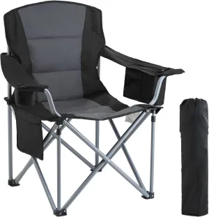 Camping Folding Chair for Adults, Portable Heavy Duty Outdoor Quad Lumbar Back Padded Arm Chairs with Side Pockets, Cup Holder and Cooler Bag for Beach,Lawn,Picnic,Fishing,Backpacking,Black