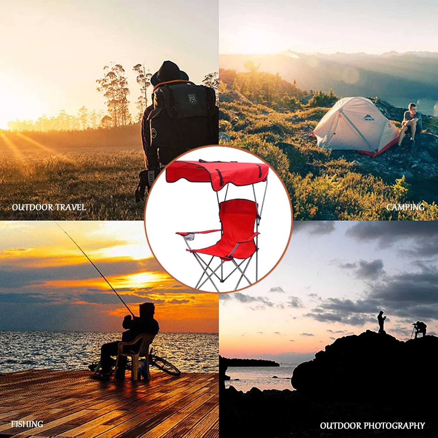 Camping Folding Chair for Outdoor, Foldable Camp Chair with Shade Canopy, Collapsible Lightweight Sports Lawn Chair 220lbs, for Lawn Beach and Pation, Recliner,Camouflage,58 * 130CM