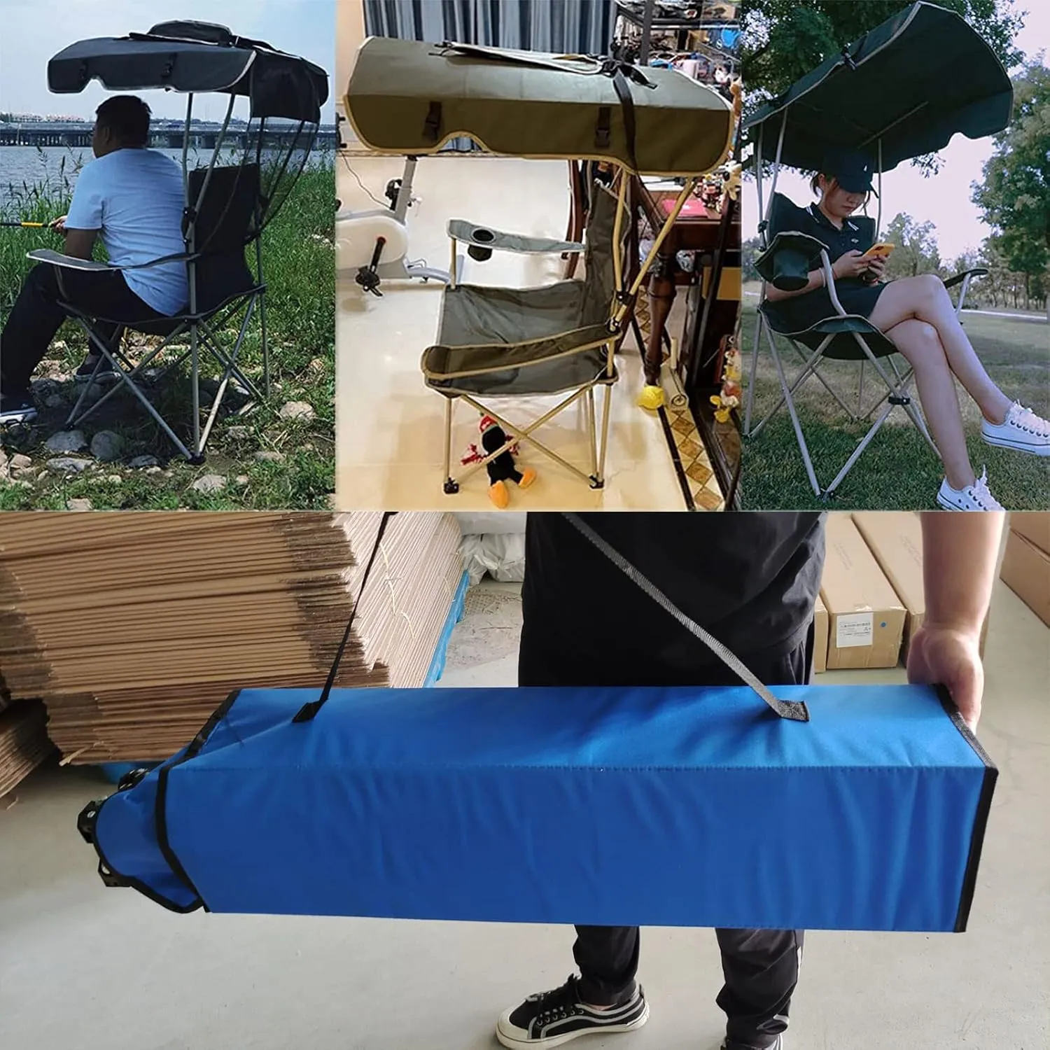 Camping Folding Chair for Outdoor, Foldable Camp Chair with Shade Canopy, Collapsible Lightweight Sports Lawn Chair 220lbs, for Lawn Beach and Pation, Recliner,Green,50 * 120CM