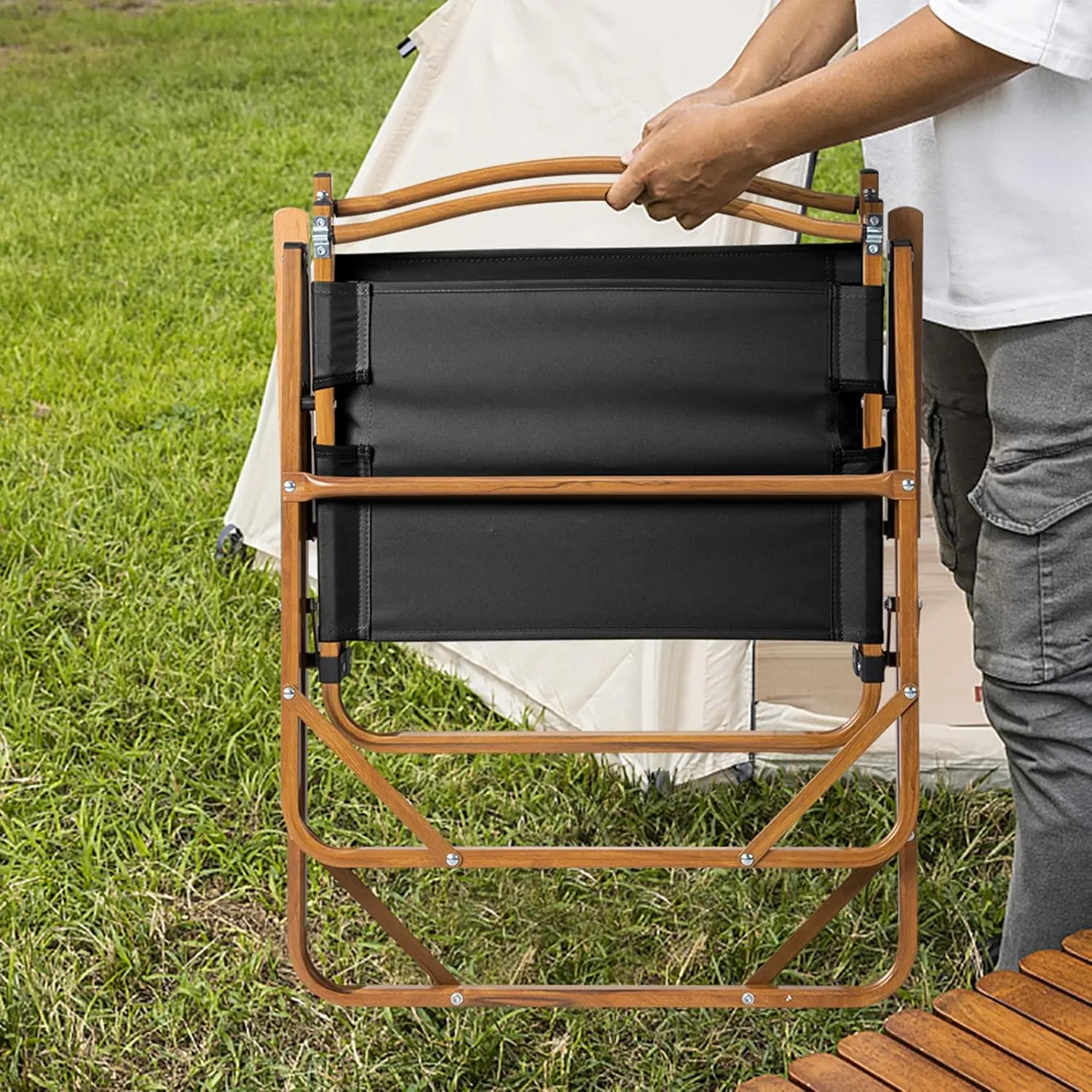 Camping Folding Chair - Heavy-duty Outdoor Chair - Large Aluminum Frame Beach Chair - Portable Camping Chair - Lightweight Director Chair - 600D Khaki Oxford Fabric Collapsible Travel Chair - Black