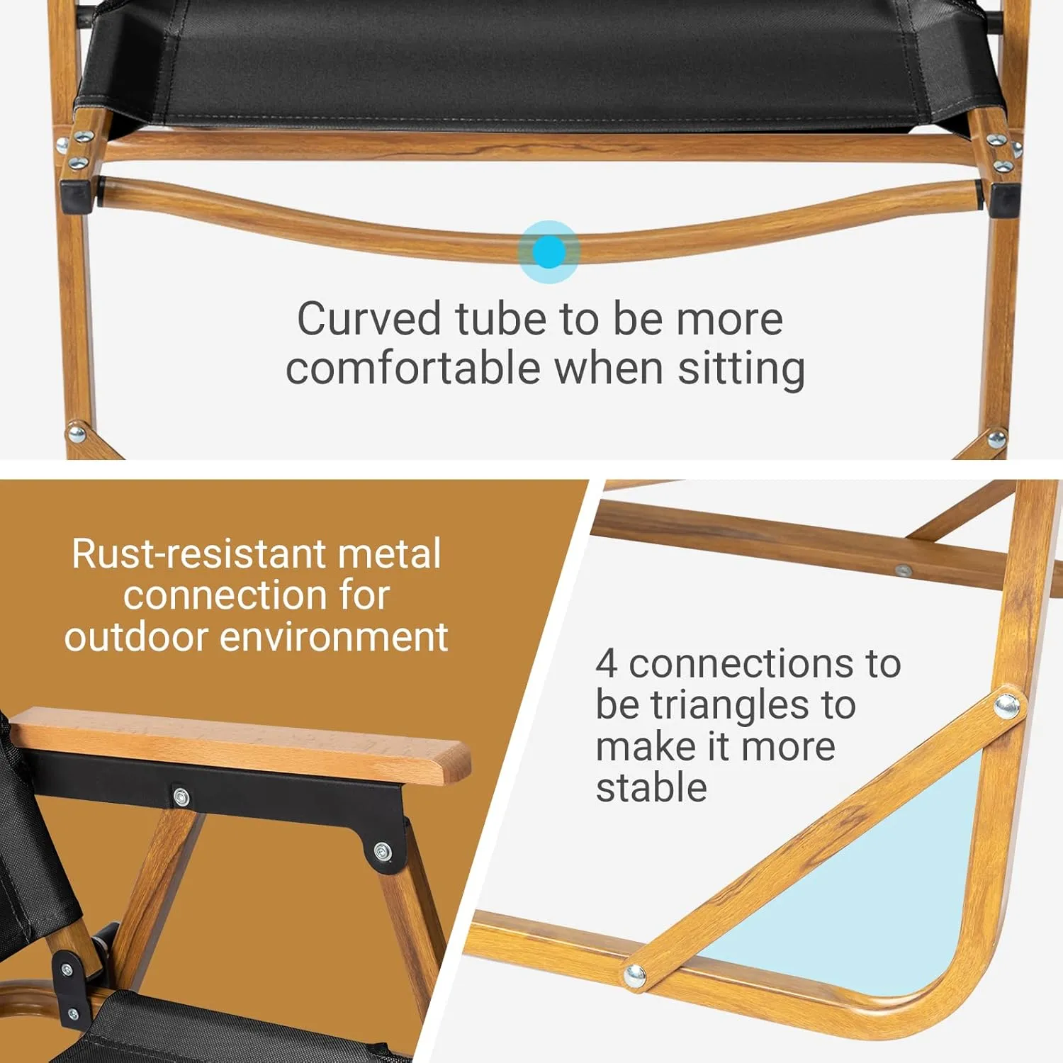 Camping Folding Chair - Heavy-duty Outdoor Chair - Large Aluminum Frame Beach Chair - Portable Camping Chair - Lightweight Director Chair - 600D Khaki Oxford Fabric Collapsible Travel Chair - Black