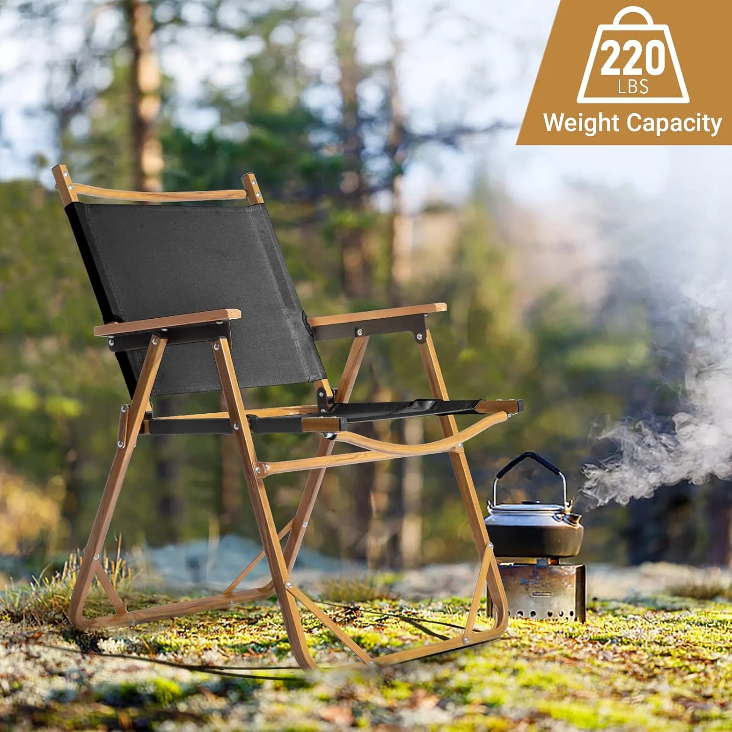 Camping Folding Chair - Heavy-duty Outdoor Chair - Large Aluminum Frame Beach Chair - Portable Camping Chair - Lightweight Director Chair - 600D Khaki Oxford Fabric Collapsible Travel Chair - Black