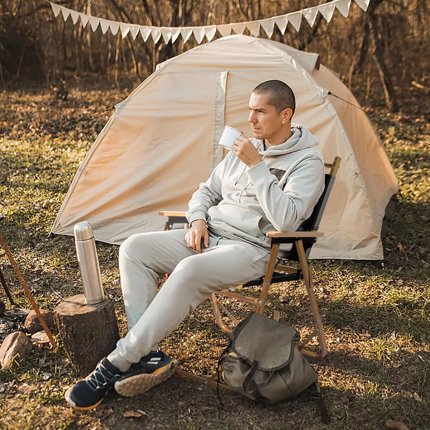Camping Folding Chair - Heavy-duty Outdoor Chair - Large Aluminum Frame Beach Chair - Portable Camping Chair - Lightweight Director Chair - 600D Khaki Oxford Fabric Collapsible Travel Chair - Black
