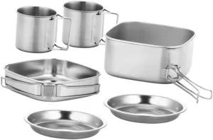Camping Hiking Cookware 6-Piece Stainless Camping Tableware Set Frying Pot Outdoor Cooking Pan