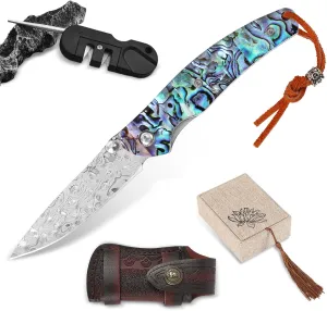 Camping Knife | Foldable Damascus Pocket Knife for Men with Sheath and Mini Sharpener | Cool Knives for Men Tactical and Outdoor Use