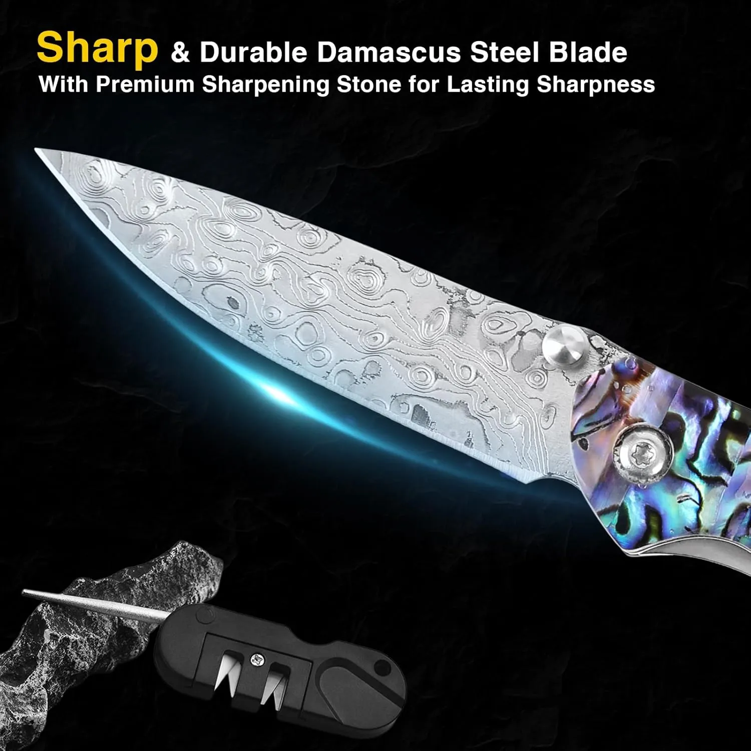 Camping Knife | Foldable Damascus Pocket Knife for Men with Sheath and Mini Sharpener | Cool Knives for Men Tactical and Outdoor Use