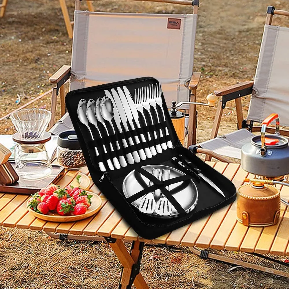 Camping Silverware Silver Picnic Plates and Utensils Set for 4 Portable Tableware Stainless Steel Flatware 20 Pieces With Organizer Bag Reusable Durable