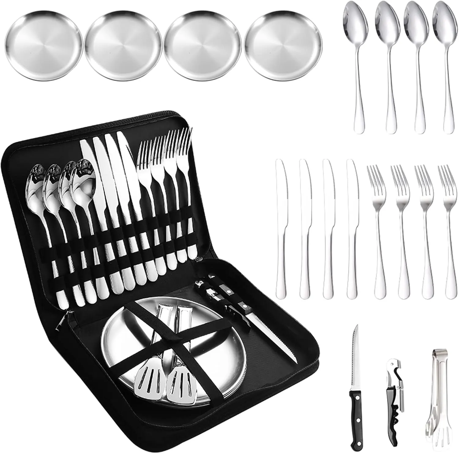 Camping Silverware Silver Picnic Plates and Utensils Set for 4 Portable Tableware Stainless Steel Flatware 20 Pieces With Organizer Bag Reusable Durable