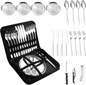 Camping Silverware Silver Picnic Plates and Utensils Set for 4 Portable Tableware Stainless Steel Flatware 20 Pieces With Organizer Bag Reusable Durable